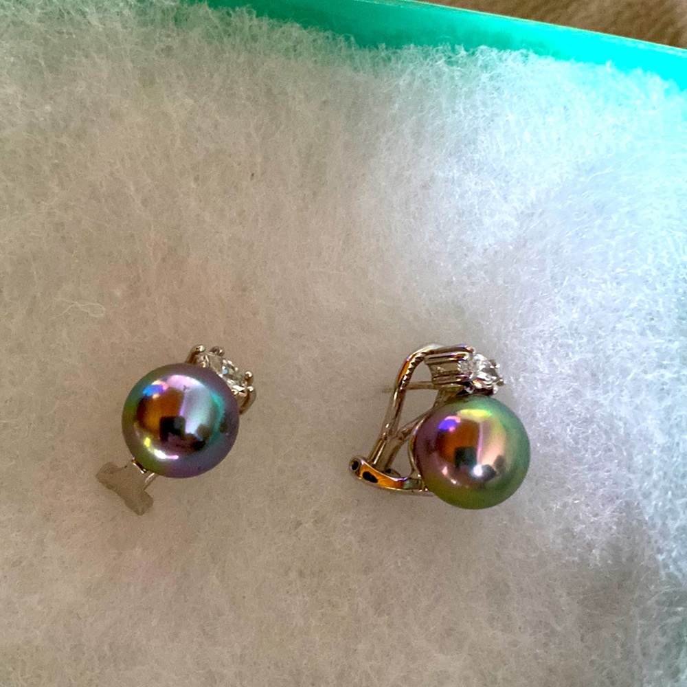 Vintage Majorica 8mm Grey Cubic Zirconia Sterling Silver Earrings